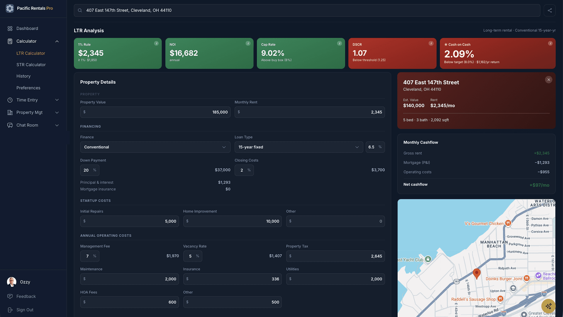 LTR Analysis — property calculator with cash flow metrics, financing details, and map location