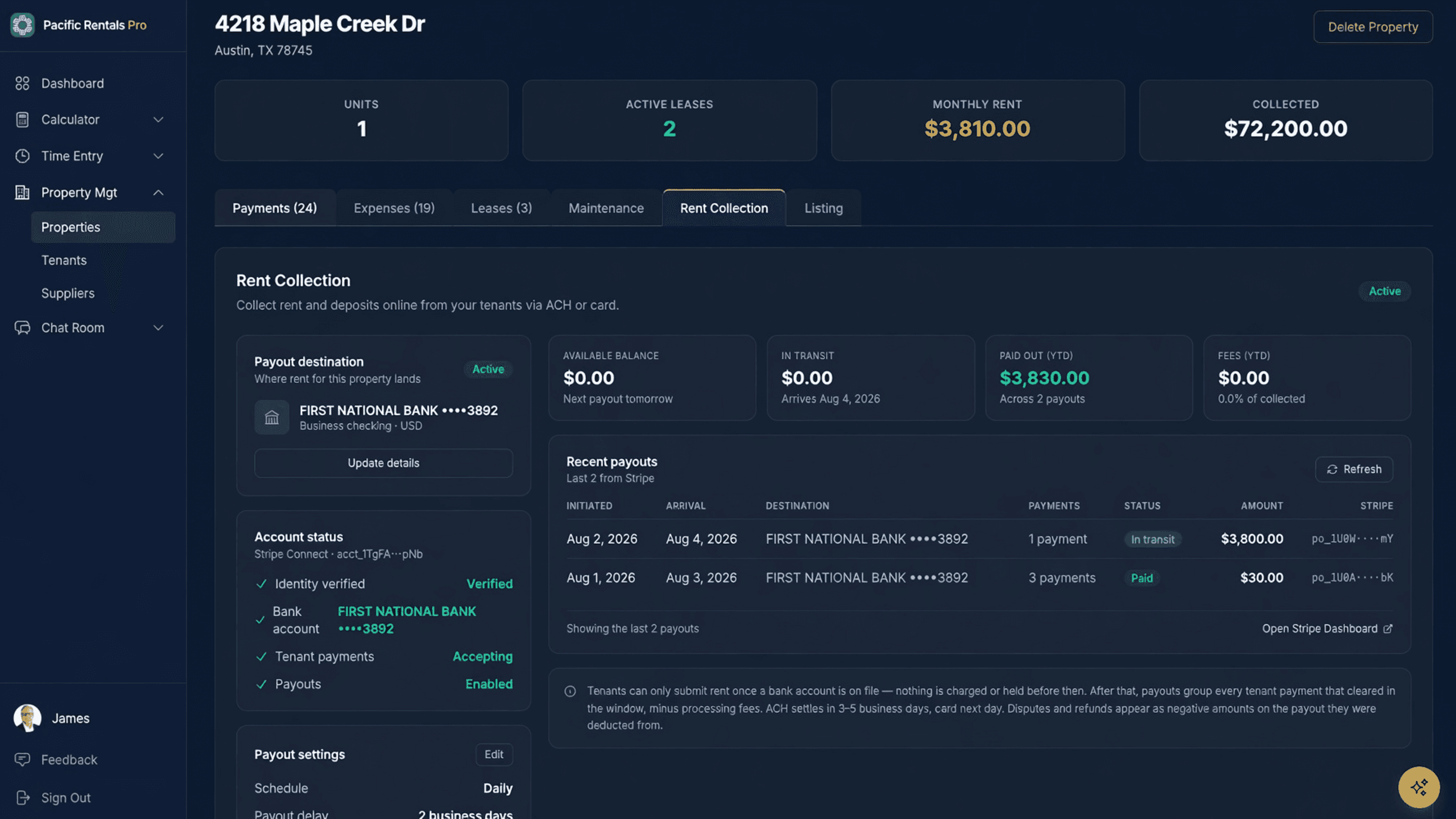 Payment tracking — rent collection history with tenant details and payment status